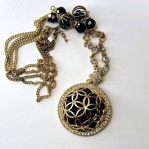 Gold Filigree Black Disk Pendant Medallion Necklace.